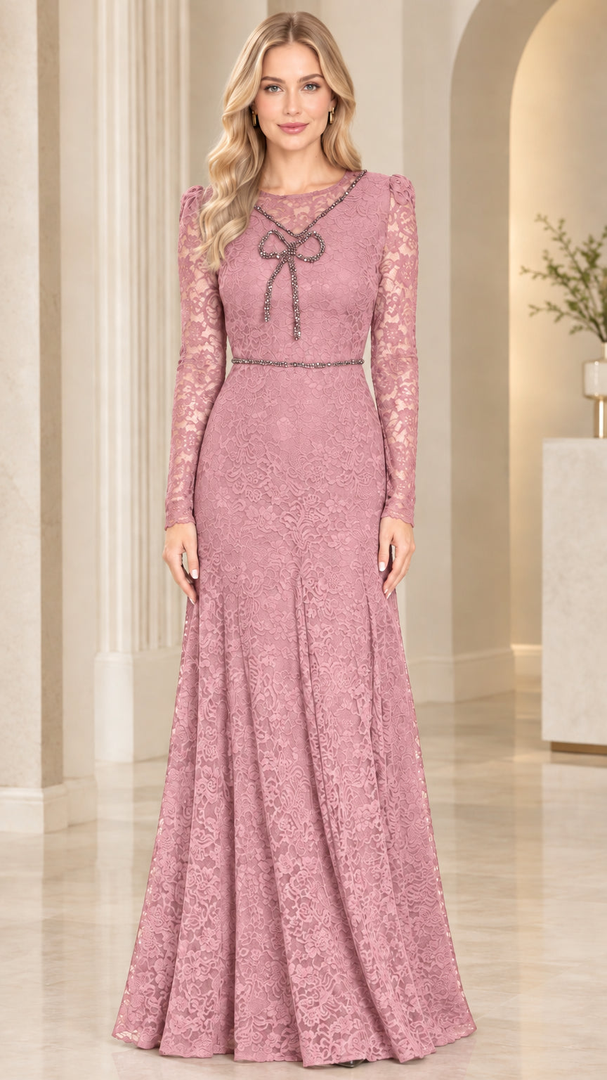 Front view of model wearing dusty rose lace long sleeve evening gown