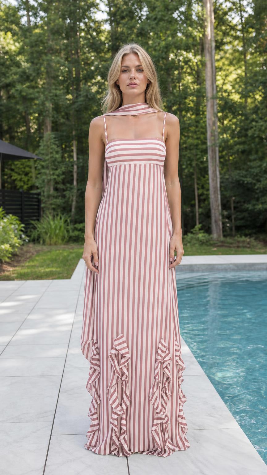 Pink striped maxi dress by a pool