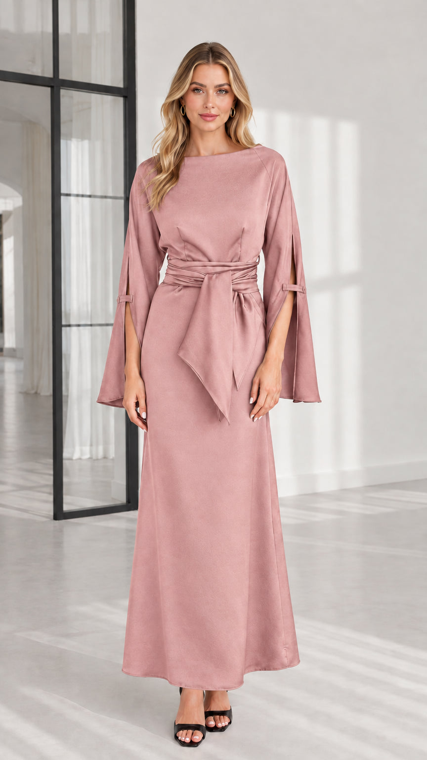 Front view of dusty pink boat neck tie-waist maxi evening gown