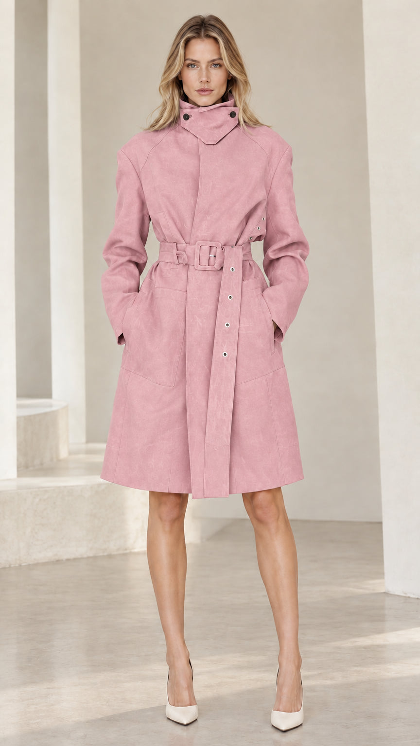 Front view of woman wearing Dusty Pink stand collar belted trench coat