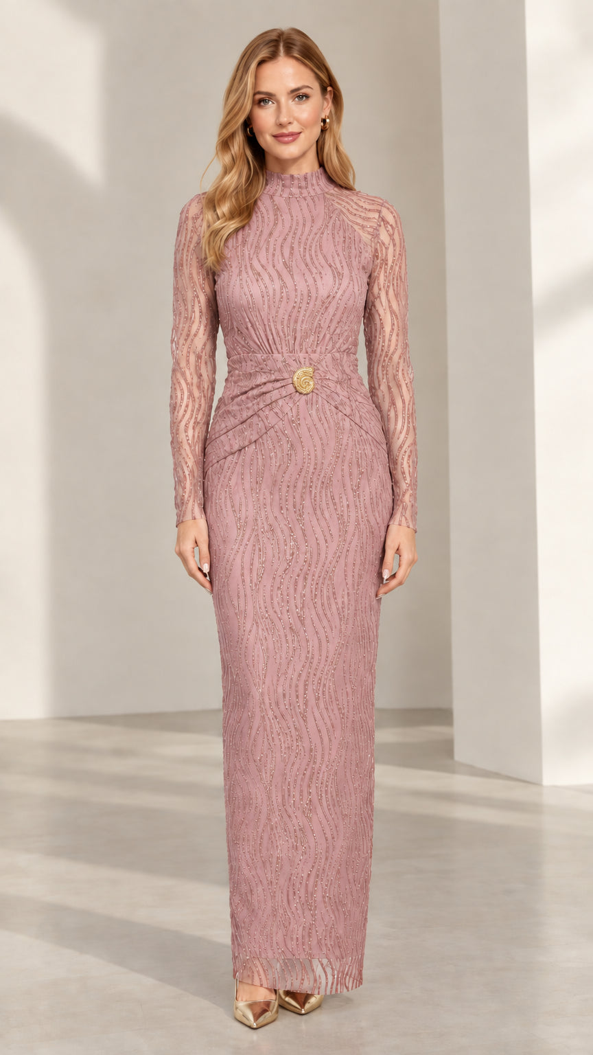Dusty Pink mock neck long sleeve formal evening gown front view
