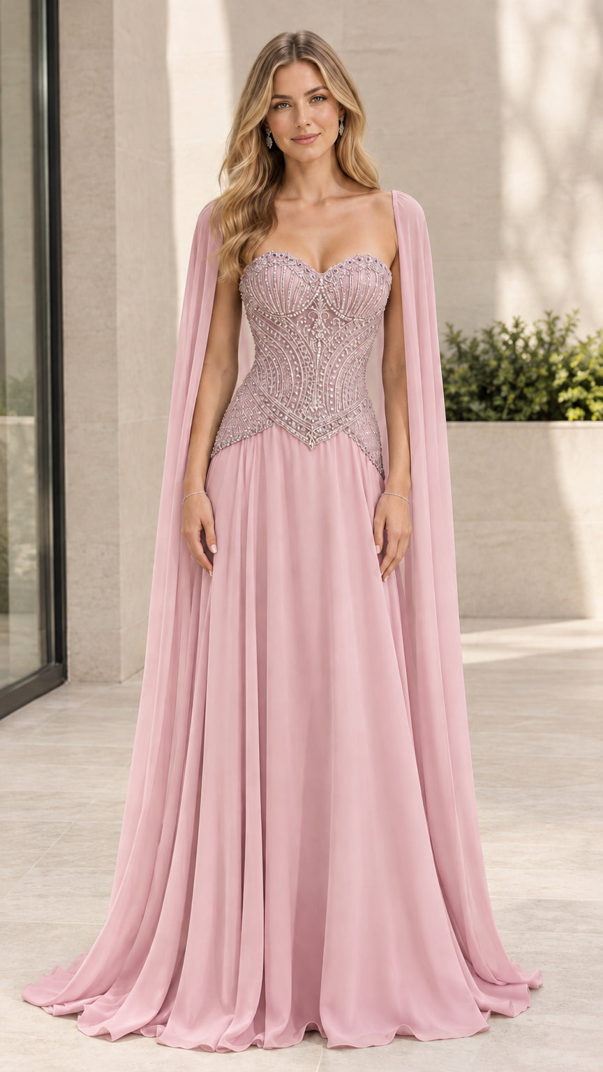 Front view of dusty pink beaded basque waist chiffon cape dress