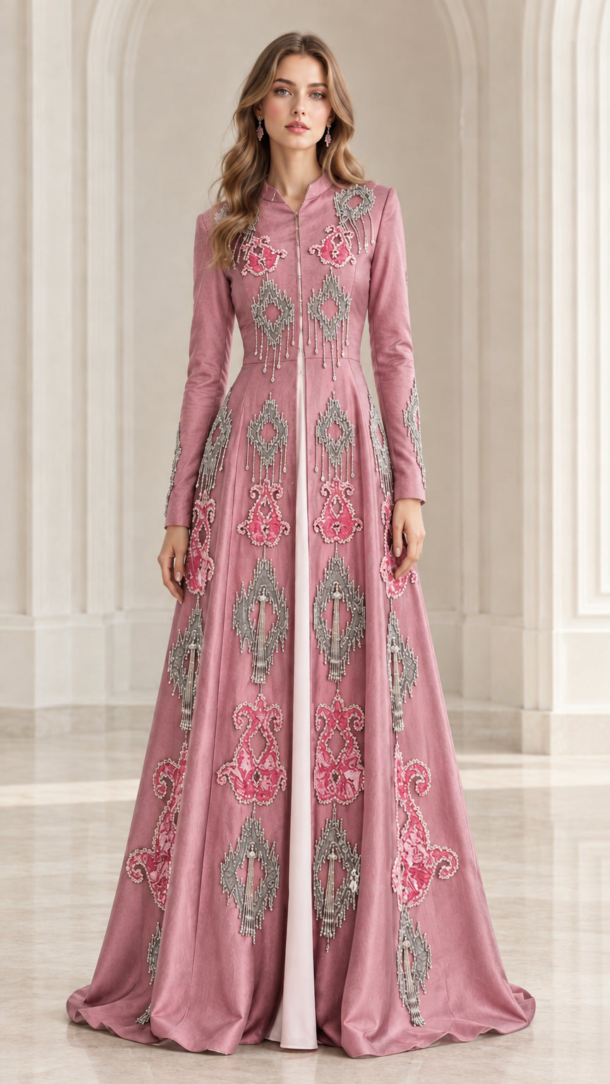 Full-length front view of dusty pink embroidered long sleeve evening dress