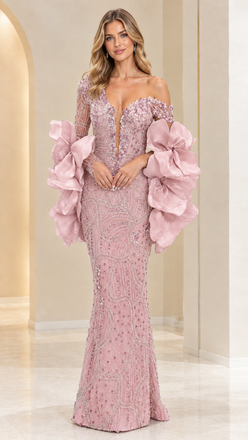 Model wearing Dusty Pink sequined mermaid formal dress with dramatic organza sleeves