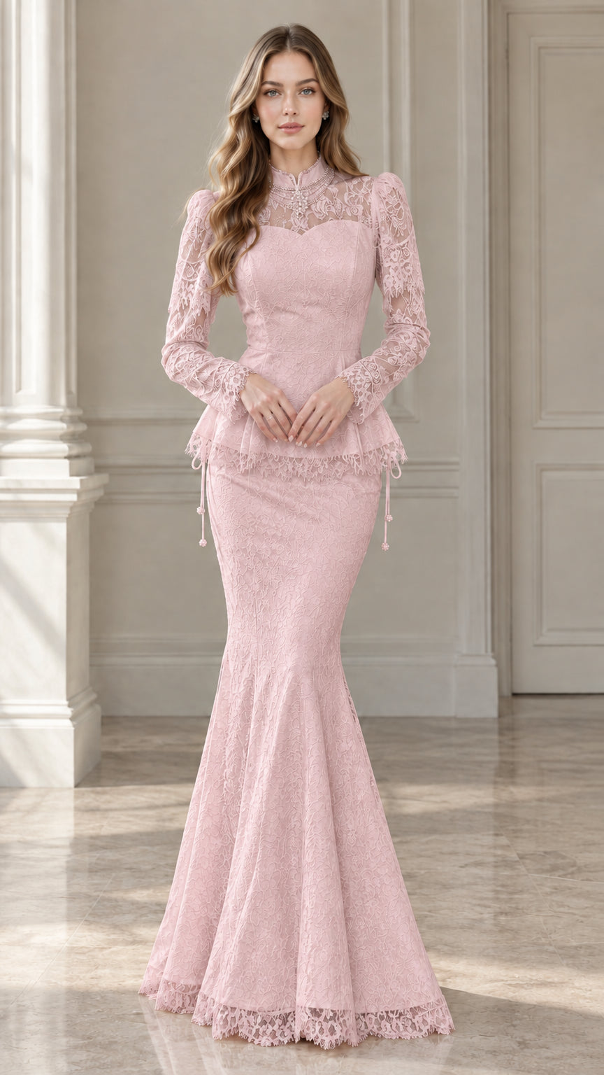 Full-length view of blush pink long sleeve lace peplum mermaid formal dress