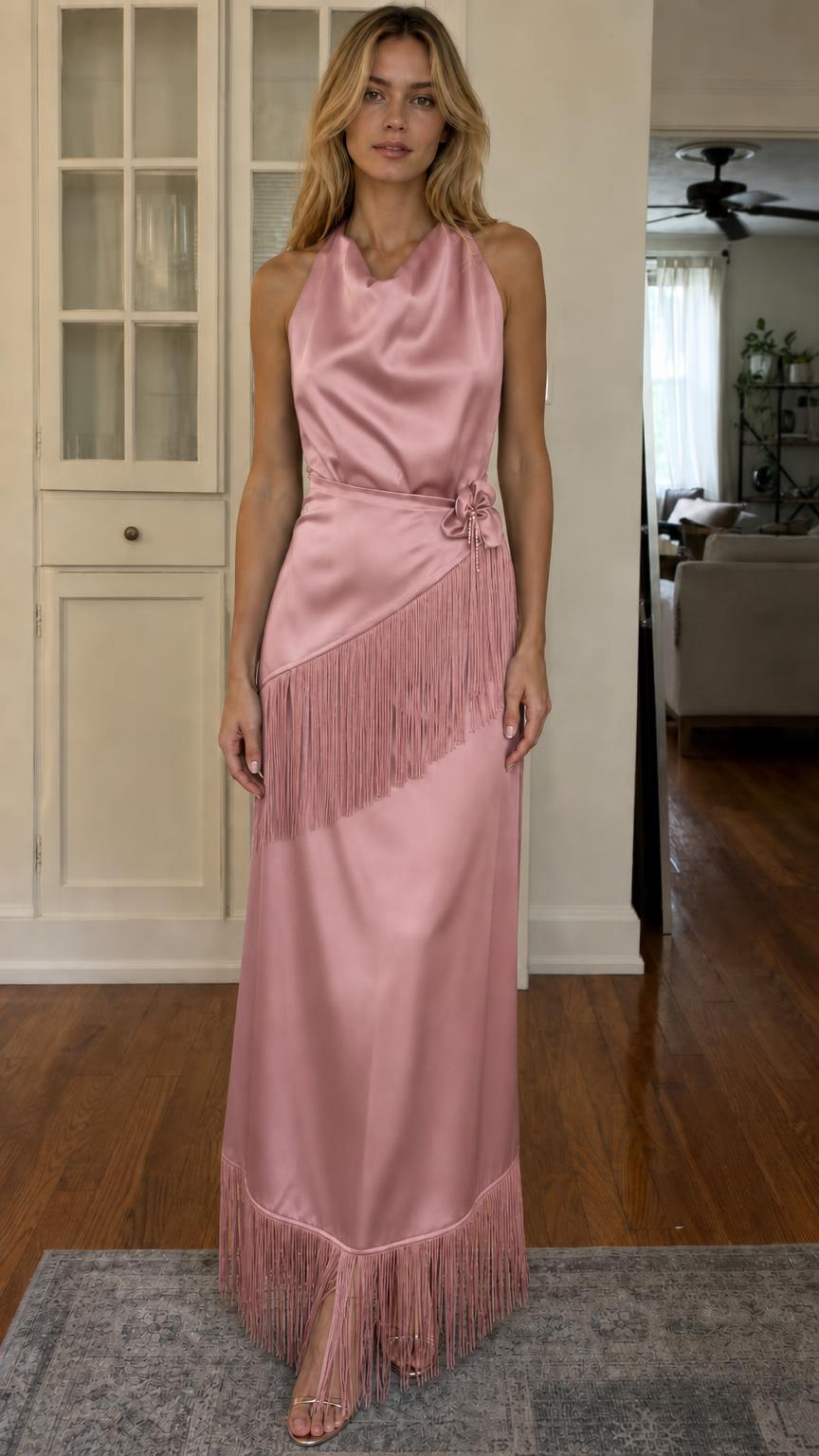 Front view of pink satin halter maxi dress
