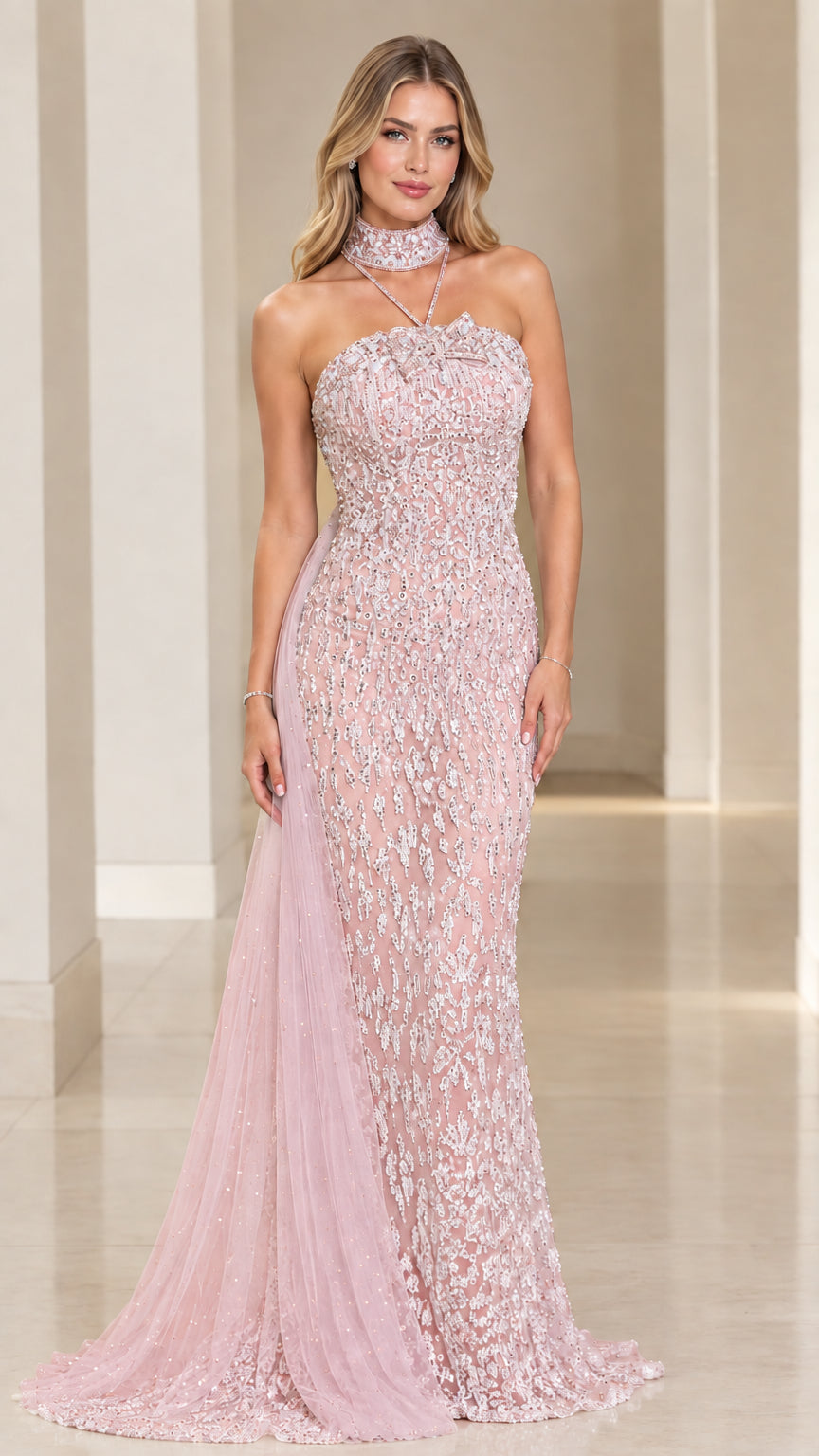 Blush pink sequin and beaded floor length gown with train