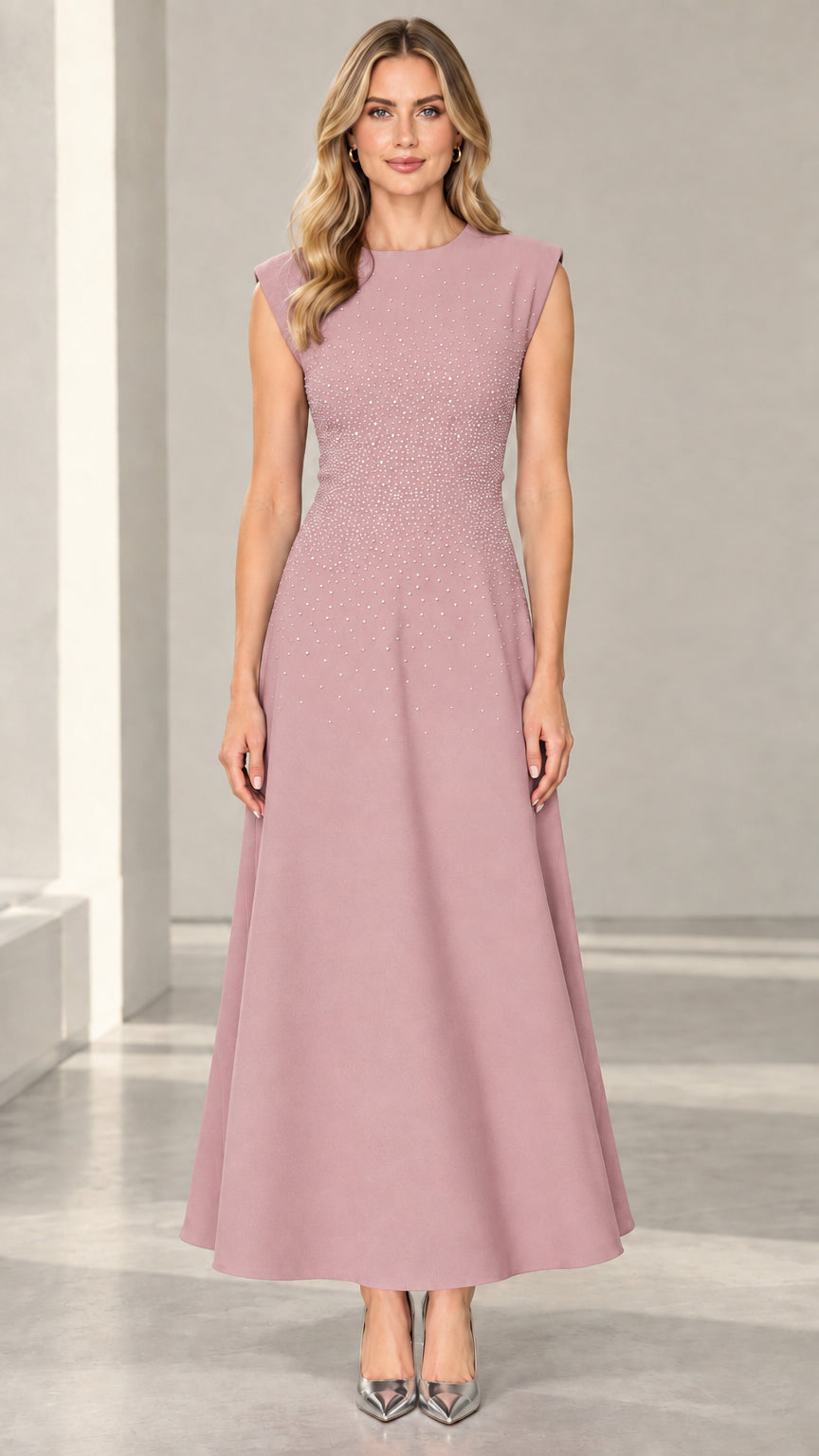 Dusty Rose crystal embellished cap sleeve evening maxi dress