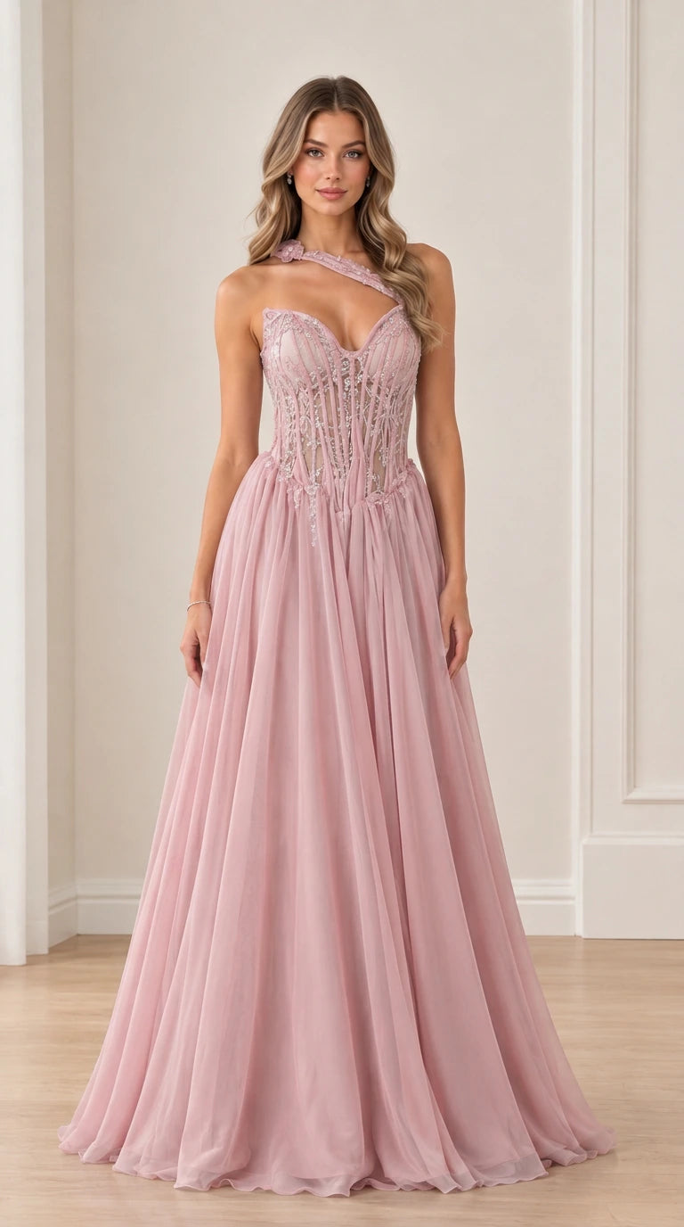 Model wearing Dusty Pink beaded corset maxi gown with flowing A-line skirt