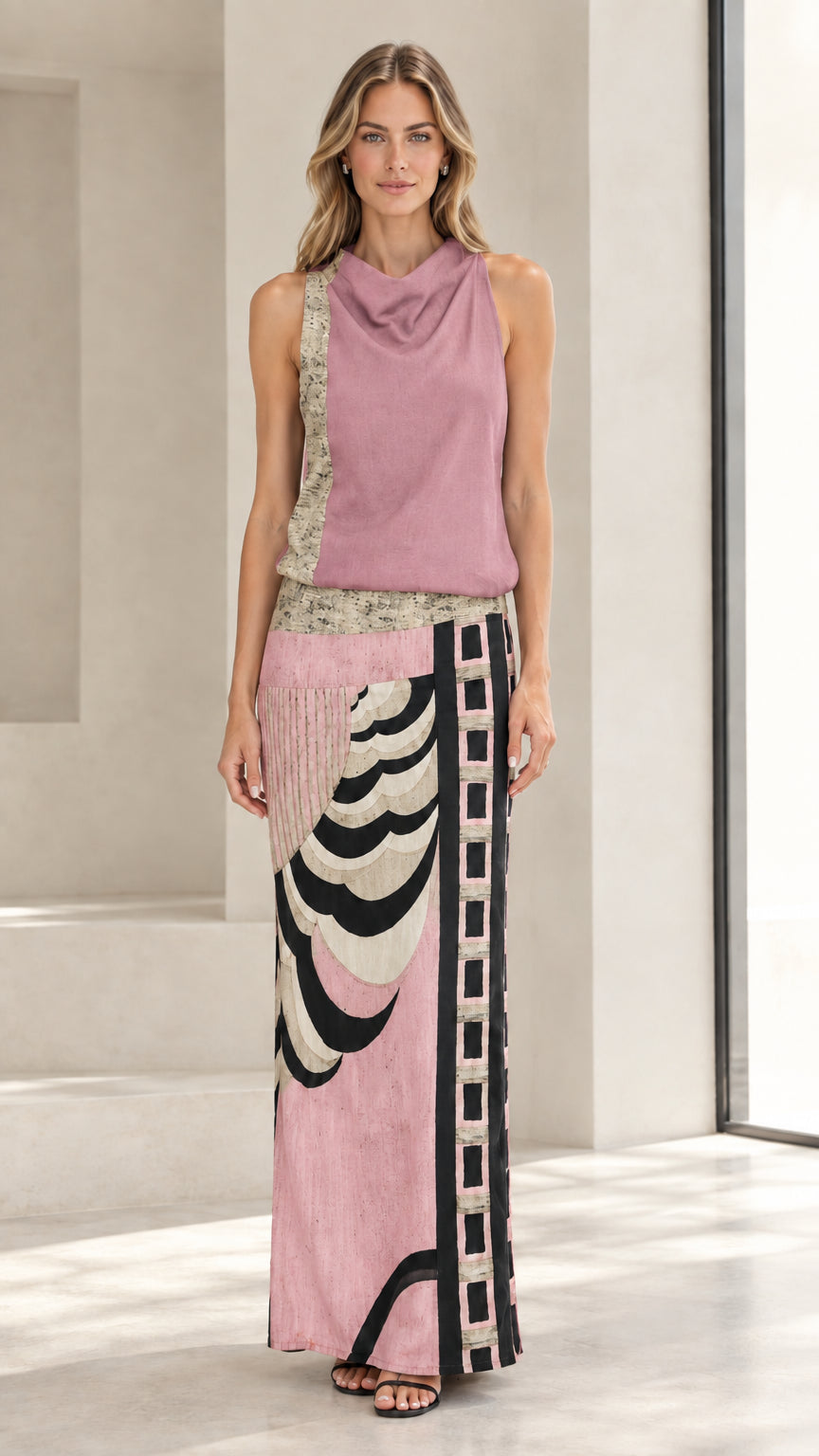 Front full-length view of model wearing dusty pink sleeveless cowl neck abstract maxi dress
