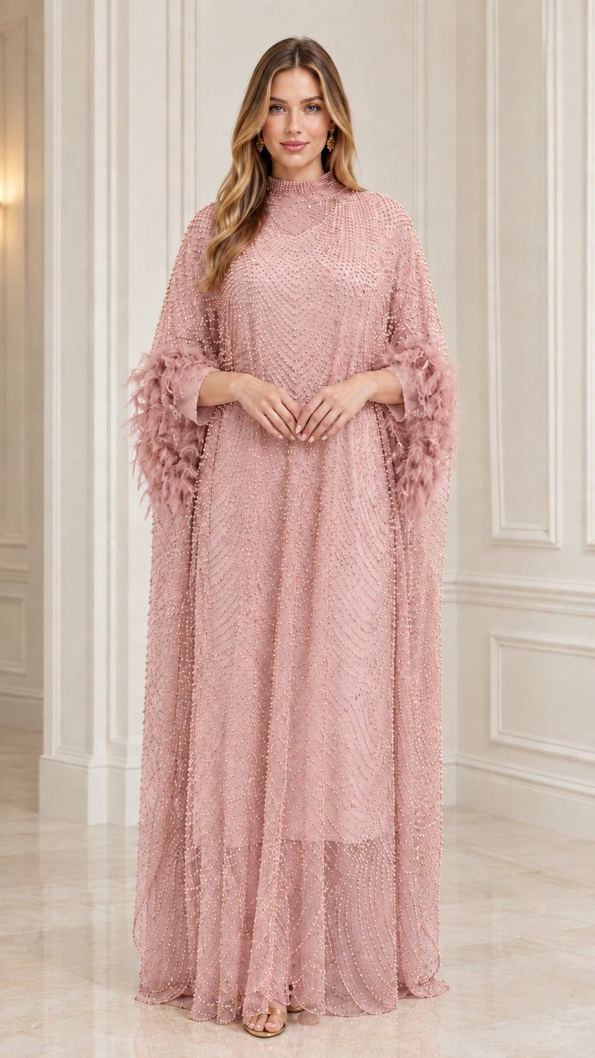 Model wearing Blush Pink sequin beaded kaftan evening dress with feather trim