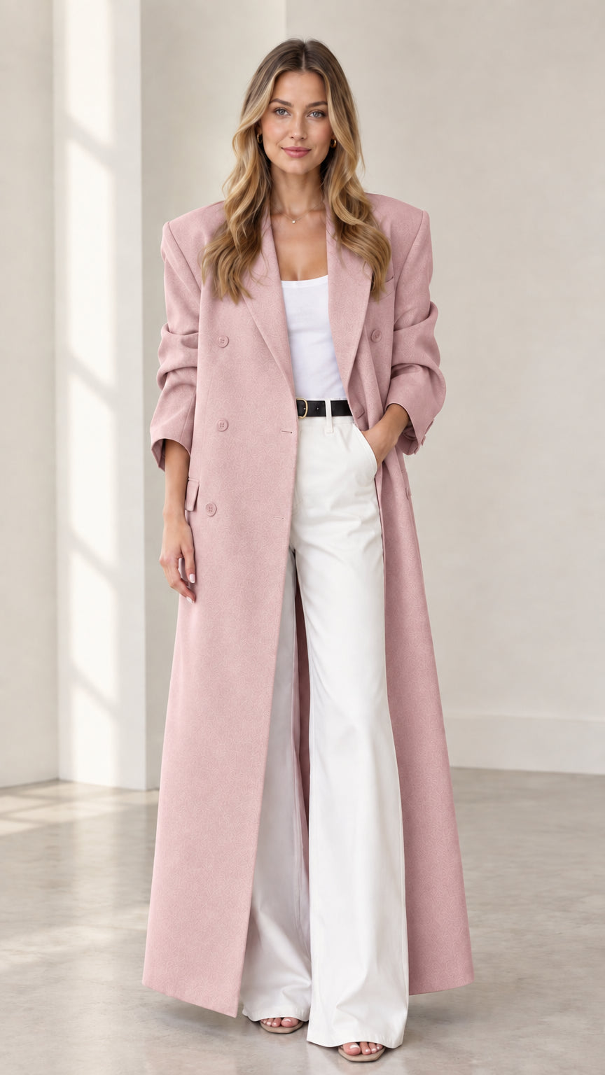 Full front view of dusty pink maxi overcoat styled with white trousers