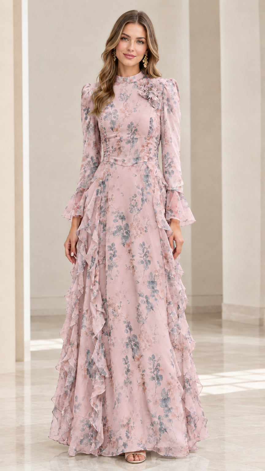 Front view of model wearing dusty pink floral long sleeve tiered maxi gown