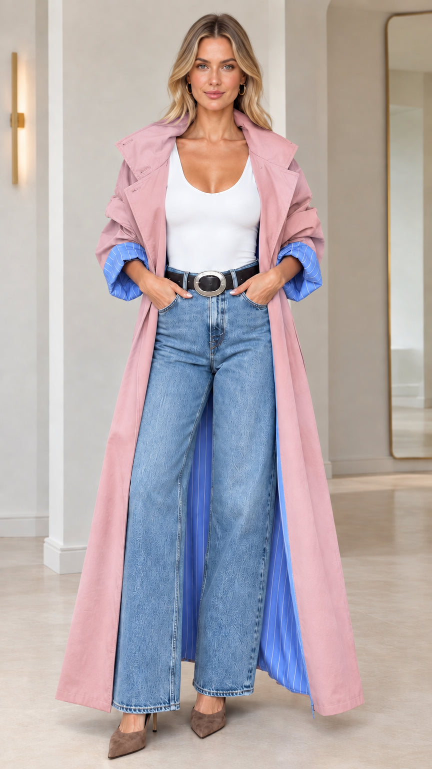 Full front view of dusty pink maxi trench coat with blue pinstripe lining