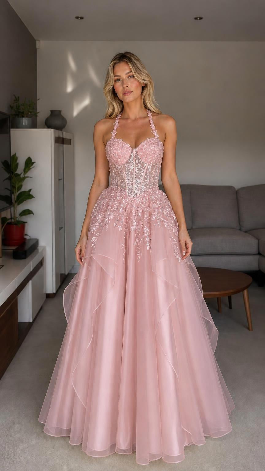Front view of pink halter embroidered tulle ball gown