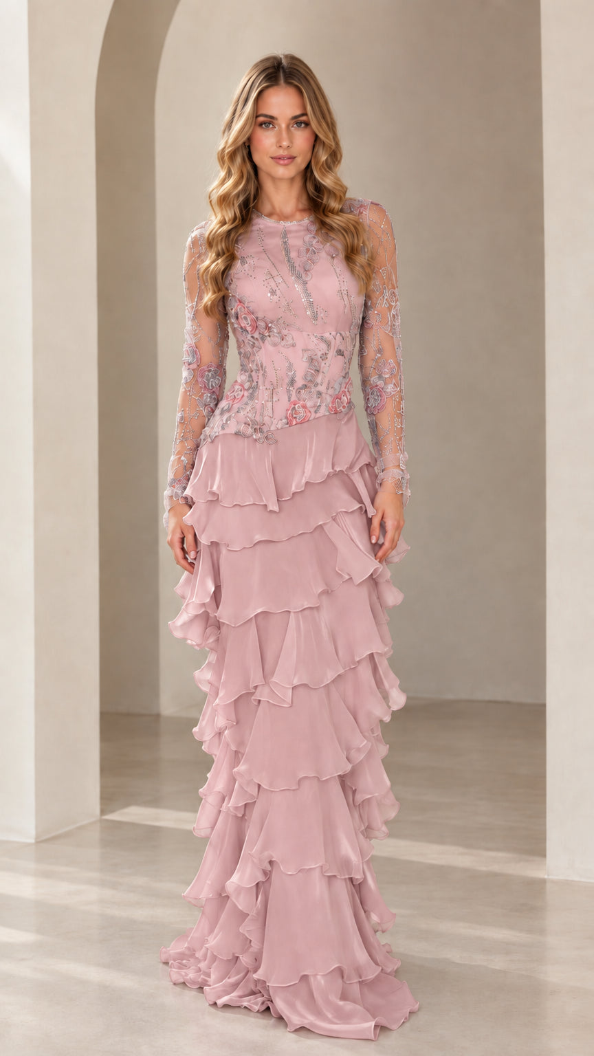Front view of model wearing Dusty Pink embroidered long sleeve tiered ruffle maxi dress