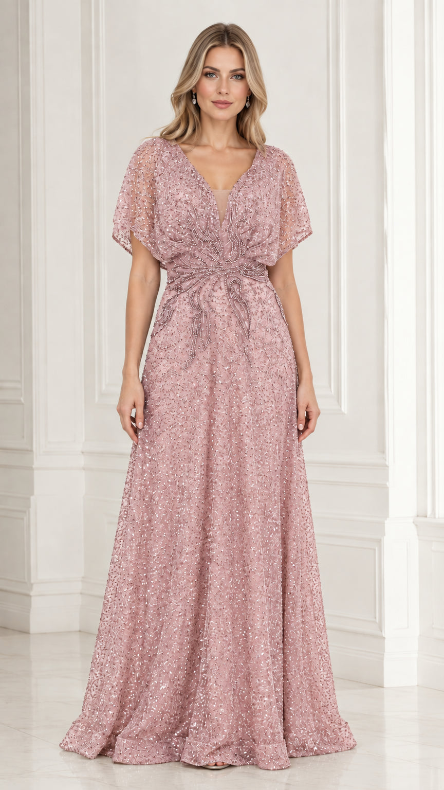 Model wearing dusty rose beaded flutter sleeve A-line maxi dress