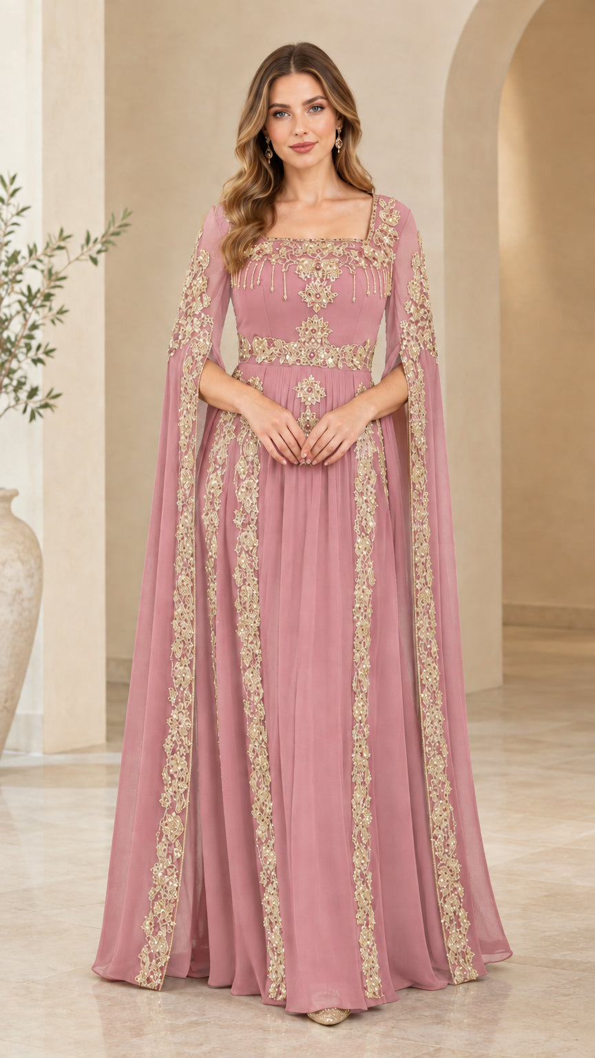 Front view of dusty pink embroidered cape sleeve formal evening gown