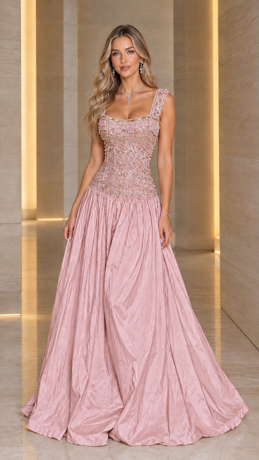 Model wearing Dusty Pink sequin beaded corset ballgown evening dress