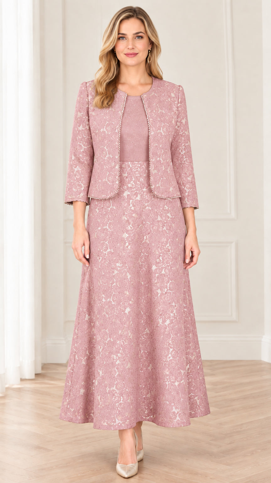 Front view of dusty rose floral lace two-piece maxi dress with beaded jacket