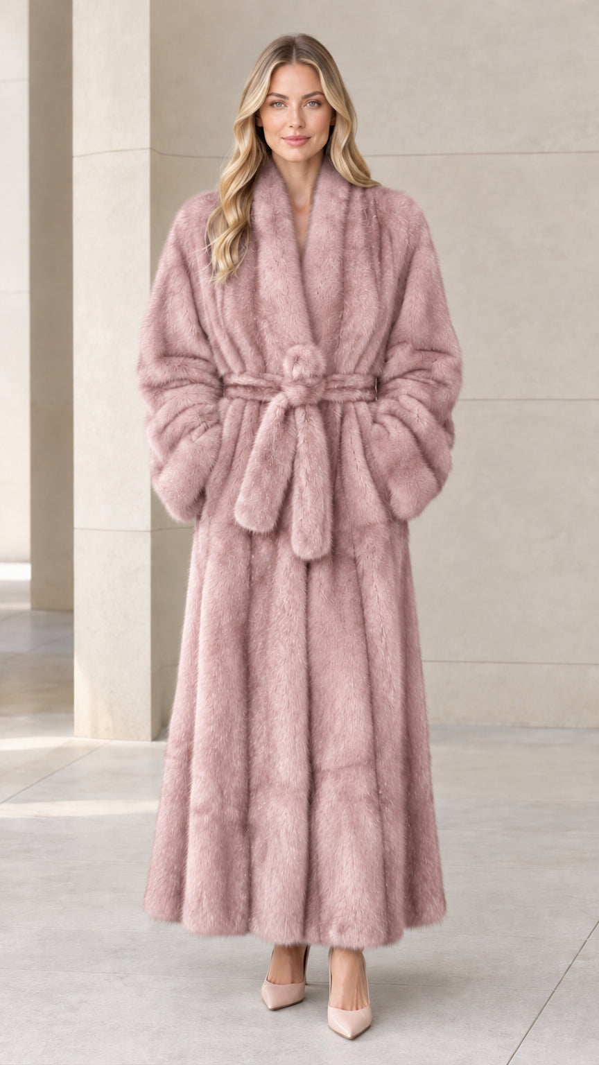 Front view of woman wearing dusty blush pink maxi faux fur coat