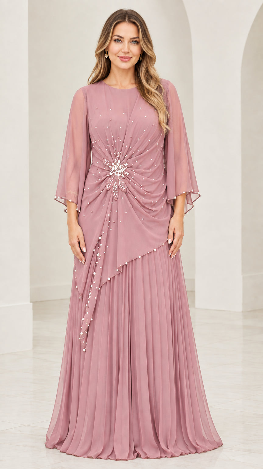 Front view of dusty rose pink beaded chiffon pleated evening gown