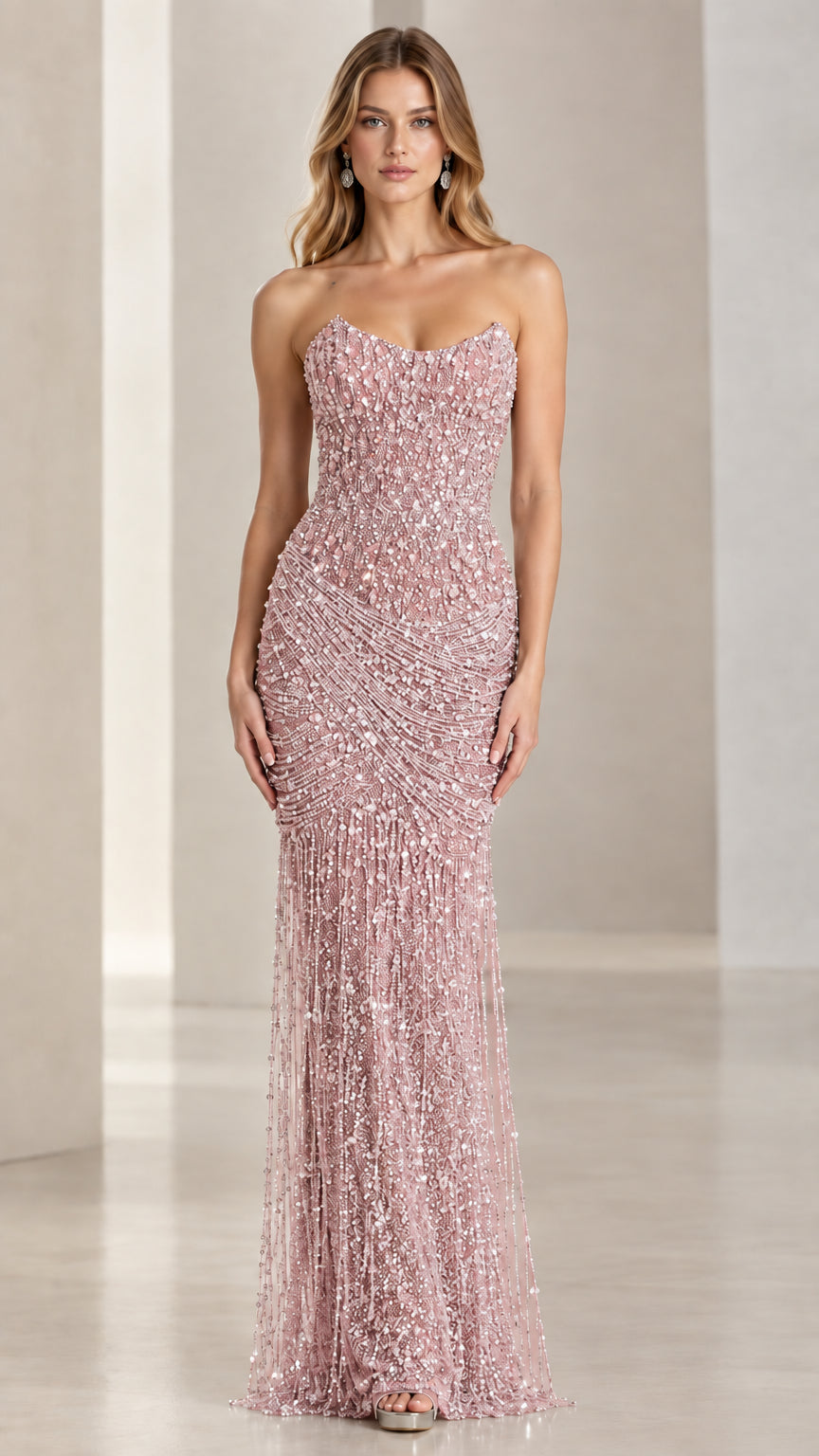 Strapless beaded sequin formal maxi dress in dusty pink
