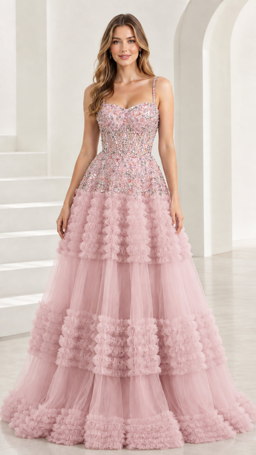 Front view of Blush Pink sweetheart embellished tulle ball gown