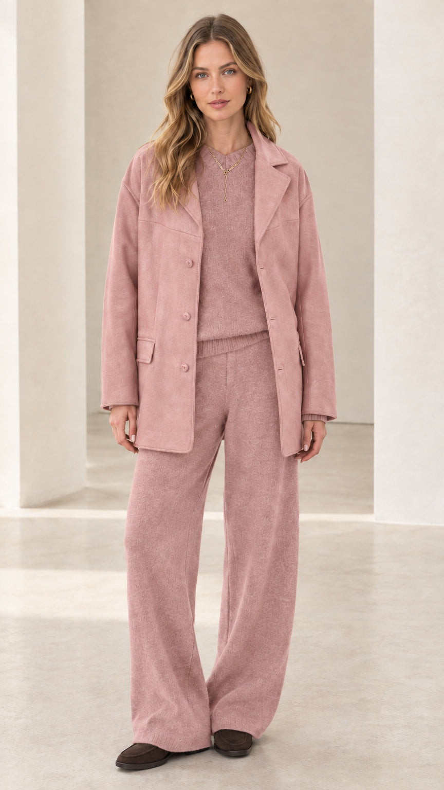 Full view of women's 3-piece knit lounge and coat set in dusty rose