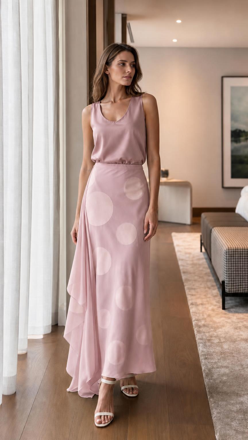 Model wearing dusty pink satin set