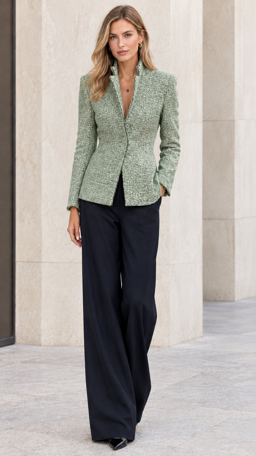 Full front view of model wearing sage green tailored tweed blazer with black trousers