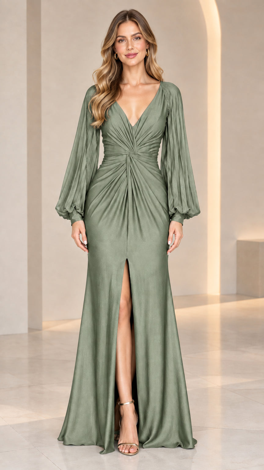 Model wearing Sage Green elegant V-neck long sleeve satin formal dress