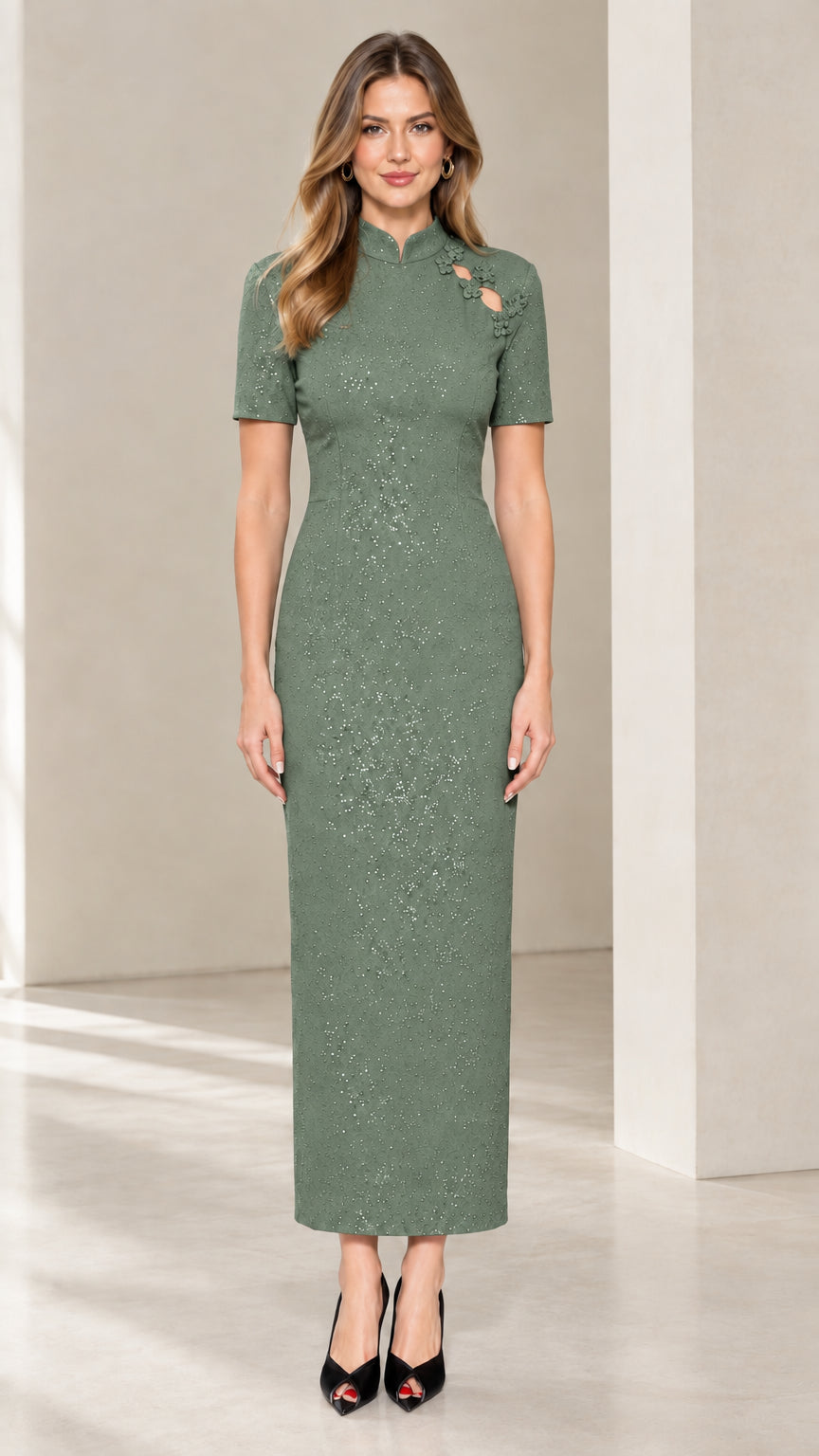 Sage green glitter column maxi dress with floral cutout neckline