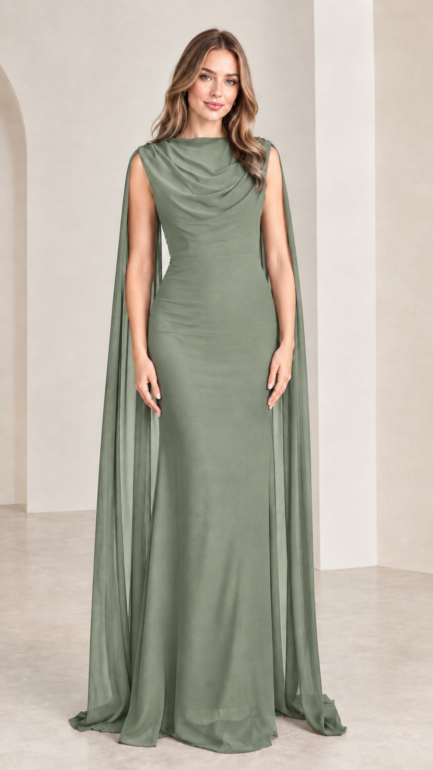 Model wearing elegant sage green cowl neck floor length cape gown
