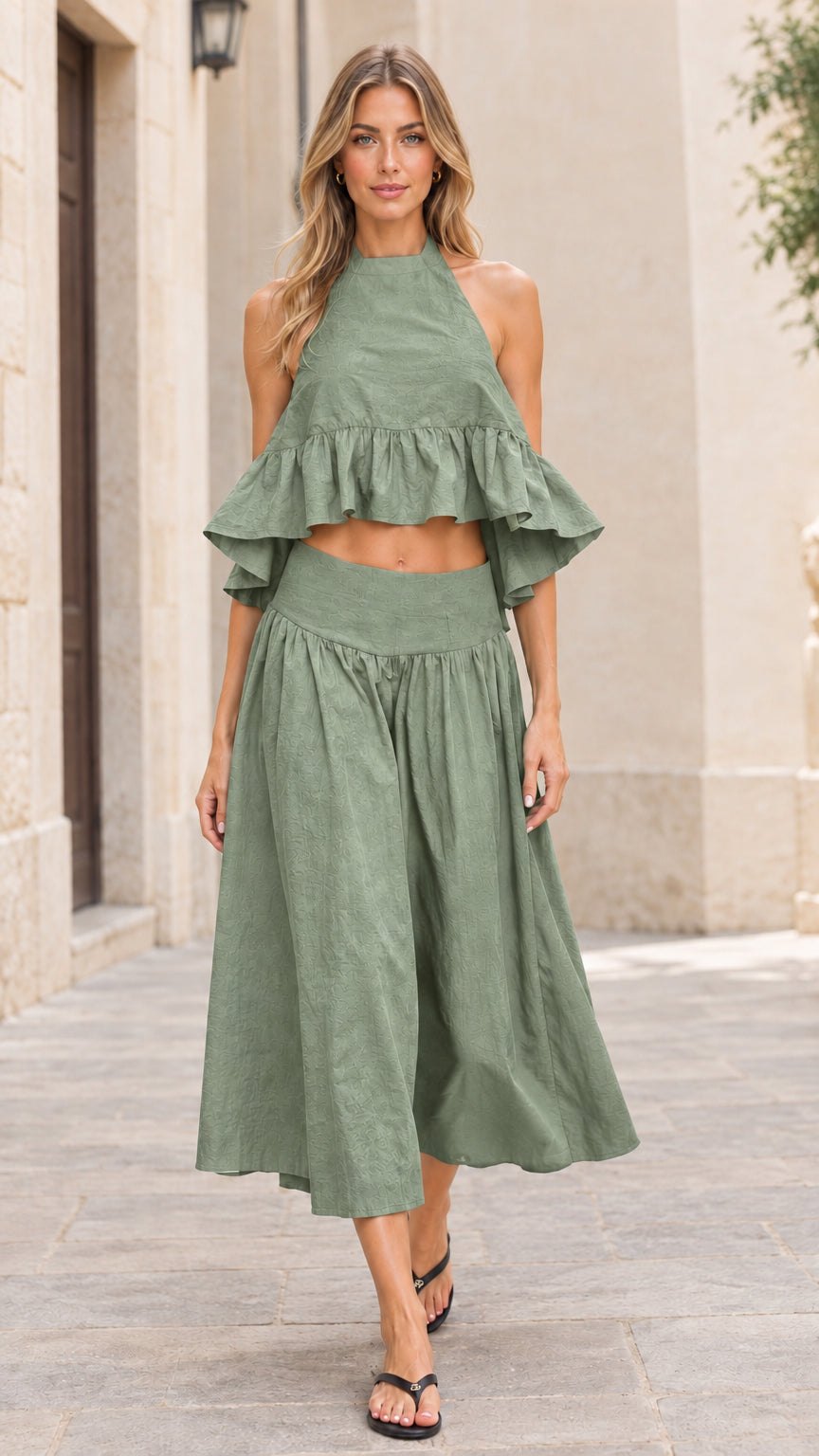 Front full-length view of model wearing sage green halter crop top and midi skirt set