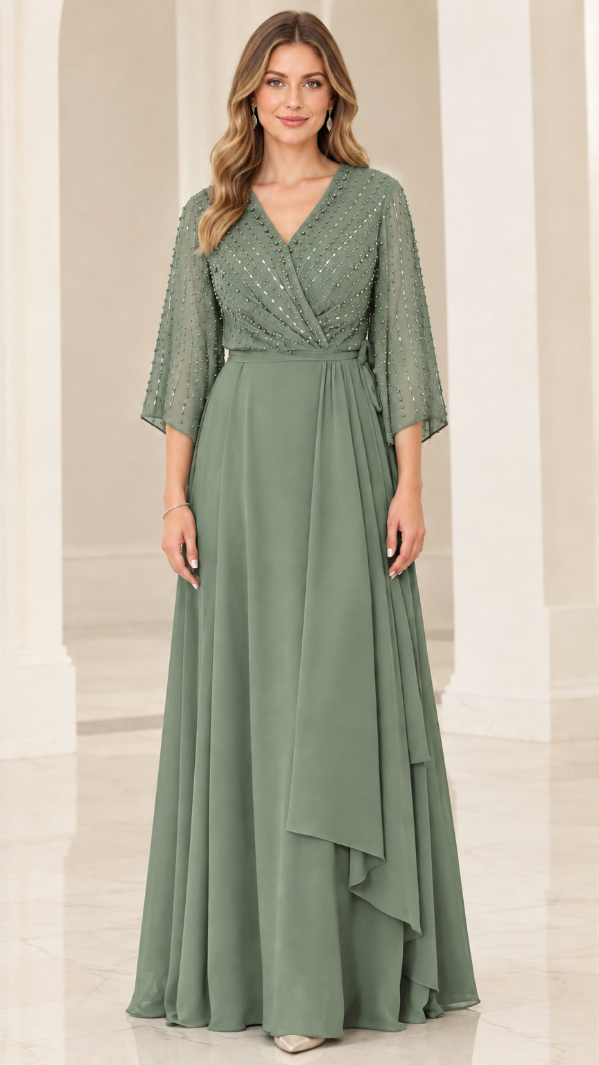 Sage Green beaded V-neck formal evening maxi dress