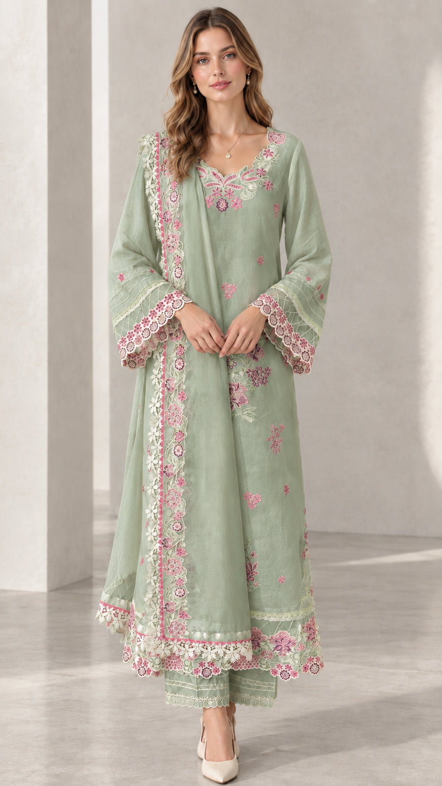 Full front view of model wearing Sage Green floral embroidered 3-piece kurta set