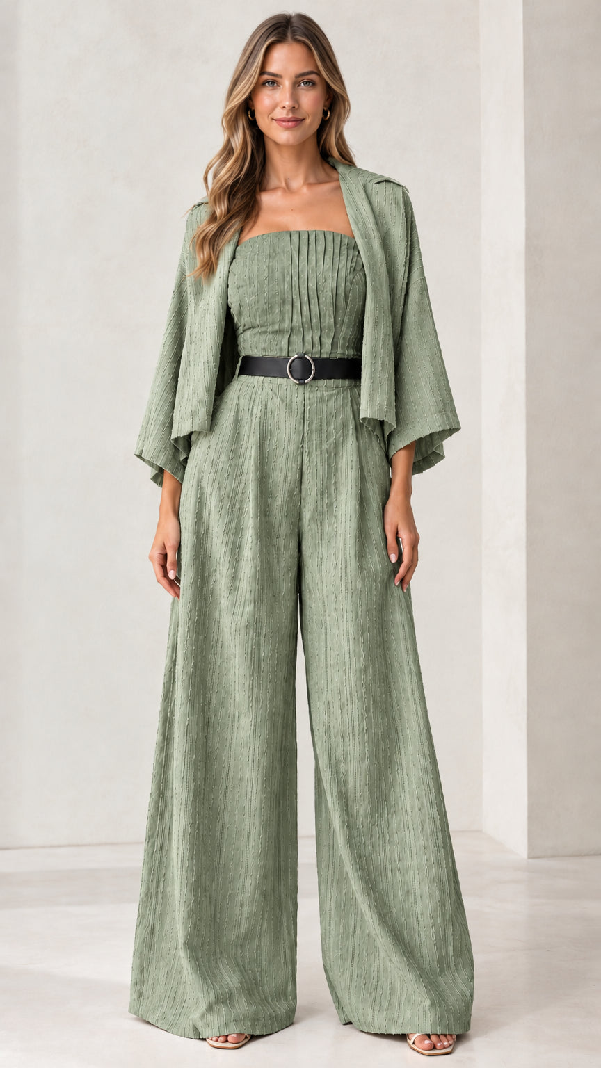 Full front view of the pleated bandeau wide-leg jumpsuit set in sage green