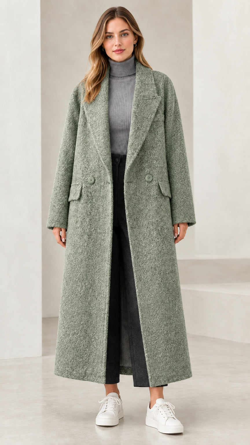 Front view of woman wearing sage green longline bouclé overcoat