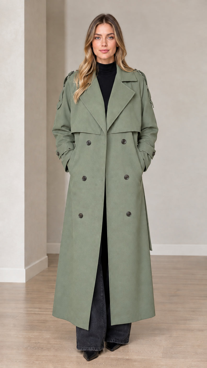 Front view of woman wearing sage green double-breasted long trench coat