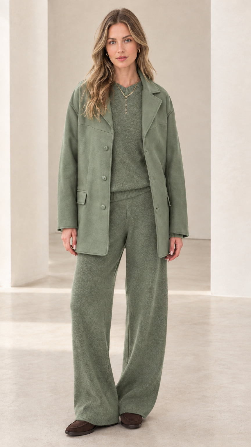 Full view of women's 3-piece knit lounge and tailored jacket set in sage green
