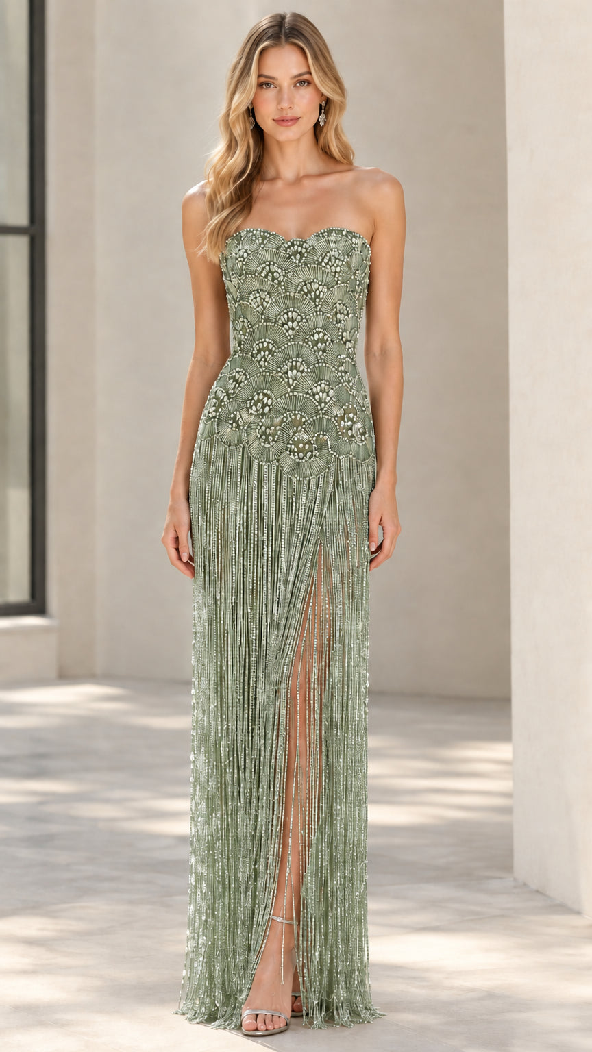 Sage Green strapless beaded fringe evening gown