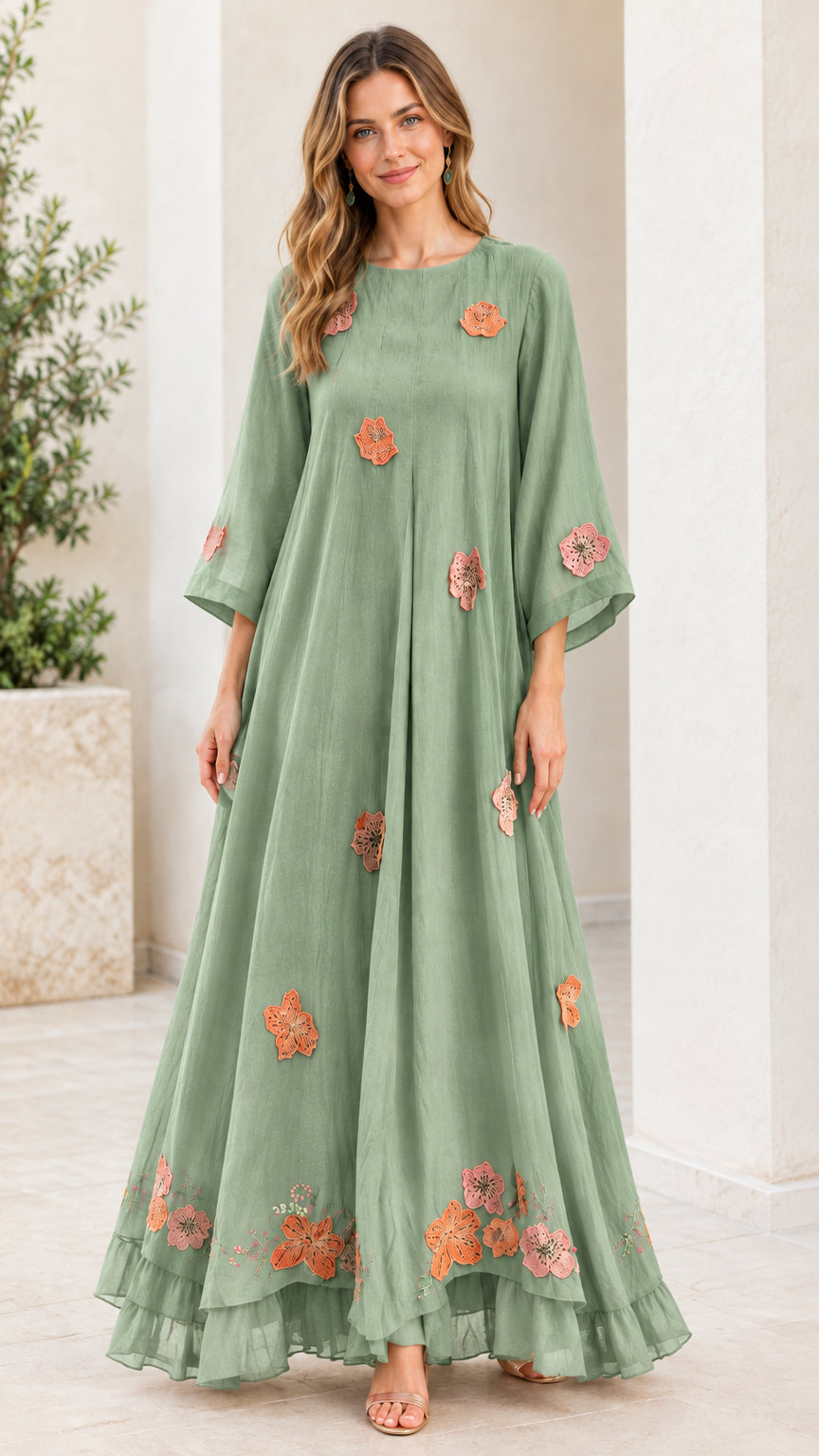 Sage green relaxed fit floral applique maxi dress