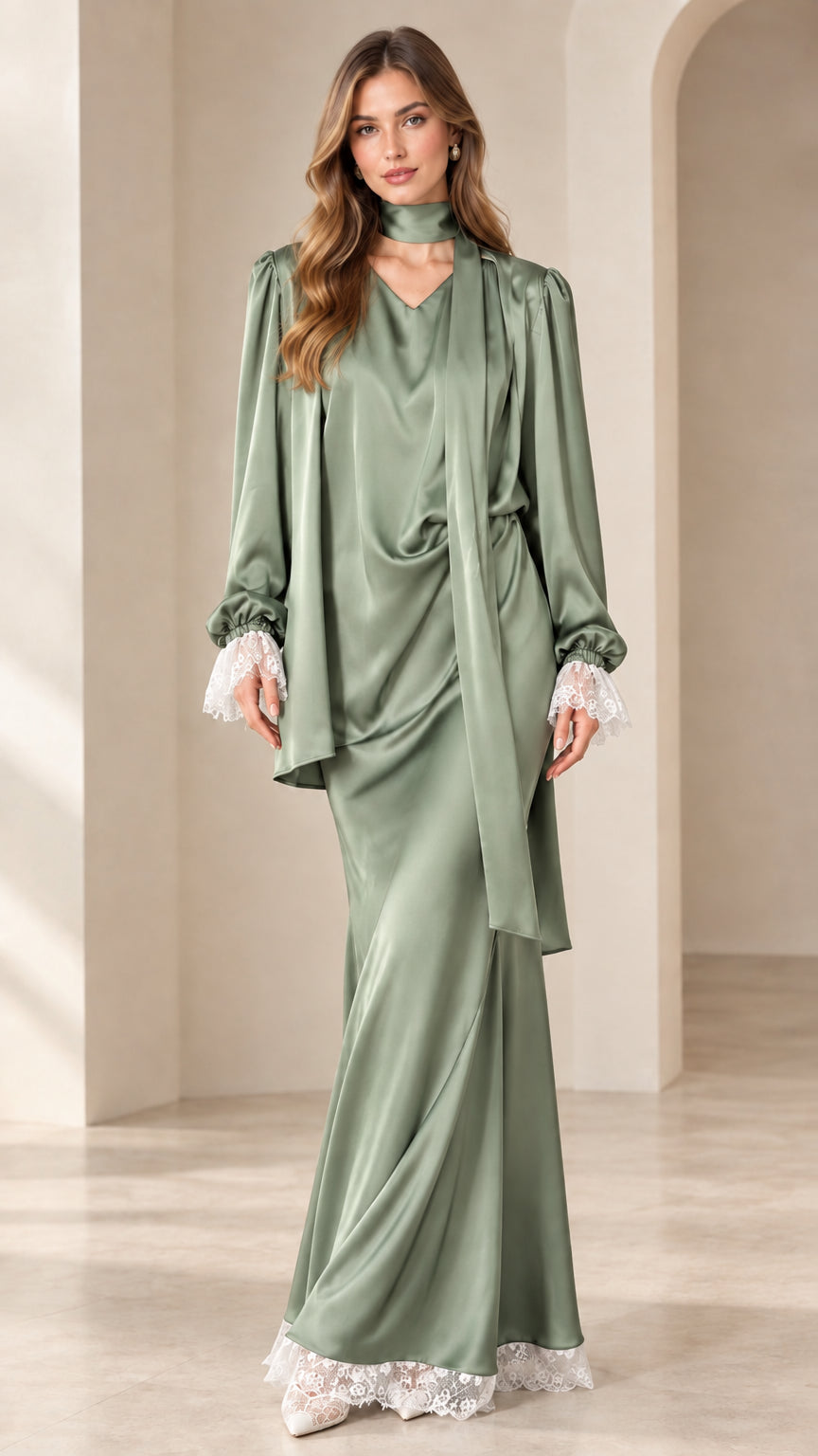 Sage Green modest satin long-sleeve top and maxi skirt set with lace trim