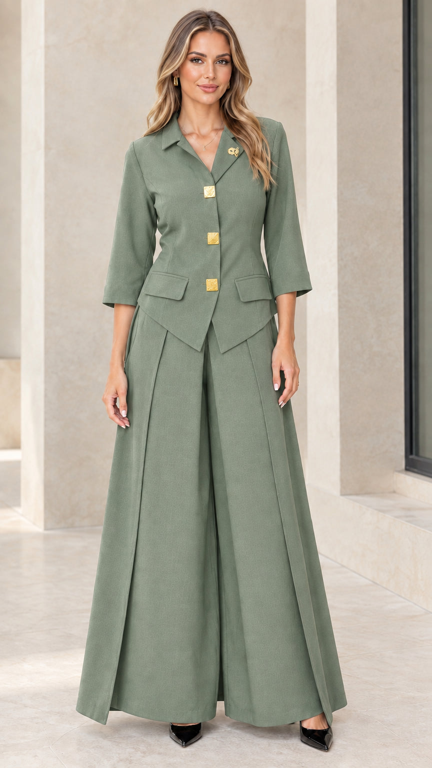 Women modeling sage green 2-piece tailored blazer and wide-leg pants set