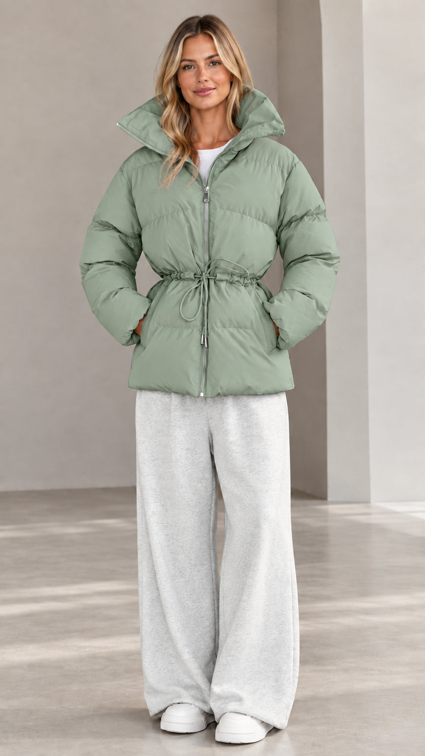 Front view of woman wearing sage green hooded cinch-waist puffer jacket