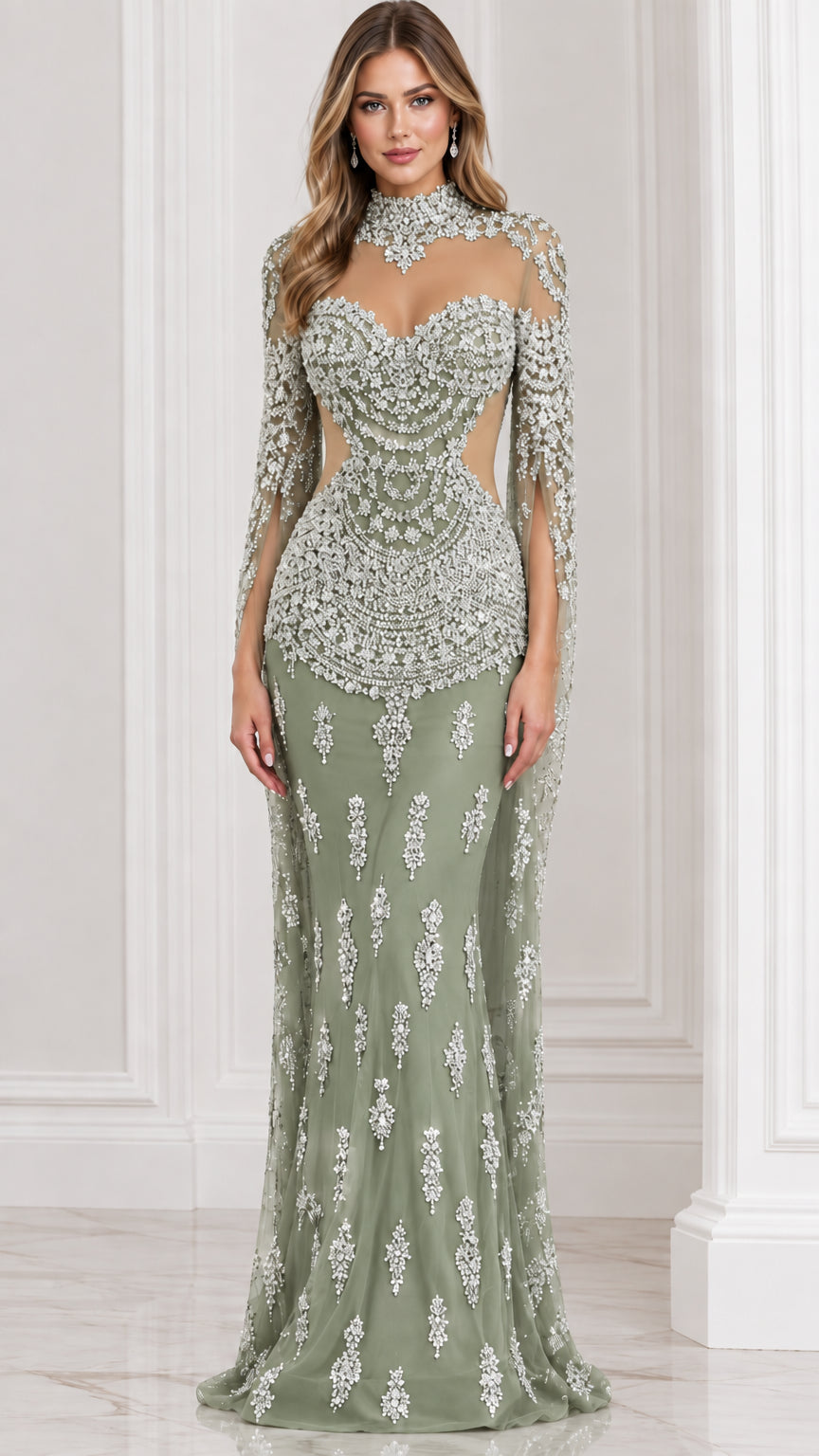 Sage green rhinestone-embellished high neck formal gown