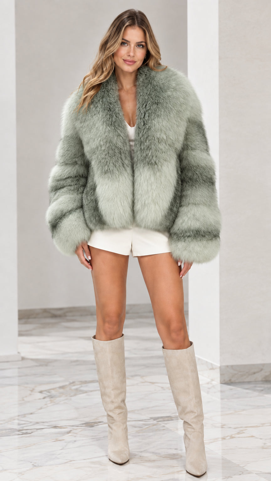 Front view of model wearing Sage Green plush faux fur jacket