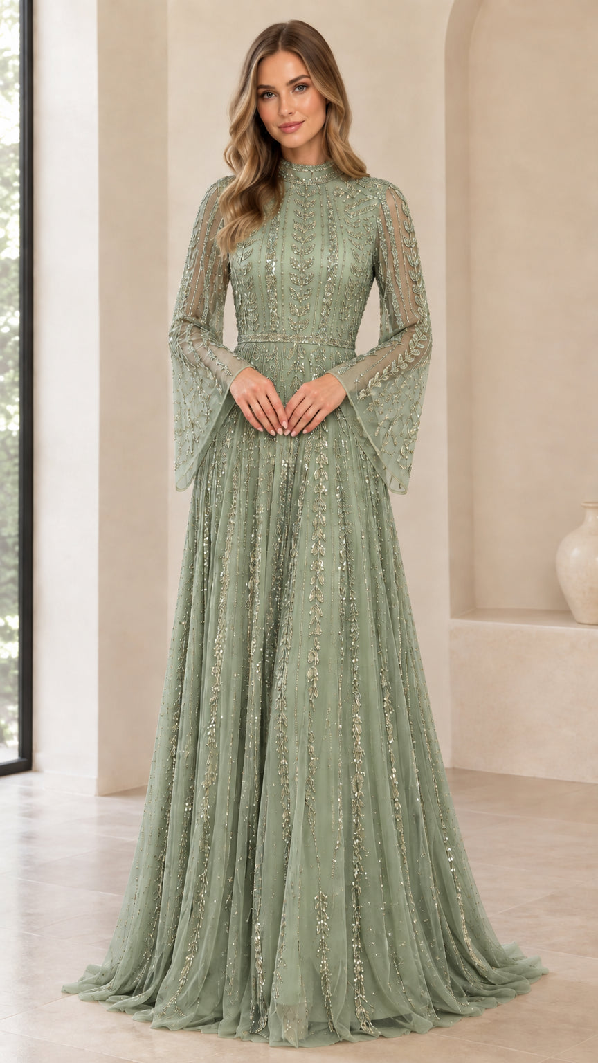 Front view of sage green embroidered high neck formal evening gown