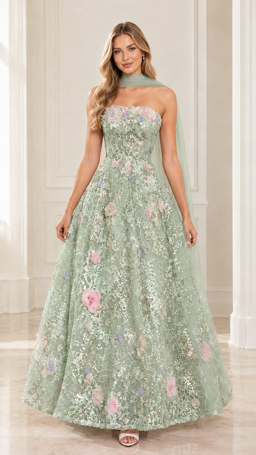 Front view of model wearing sage green strapless 3D floral sequin A-line evening dress